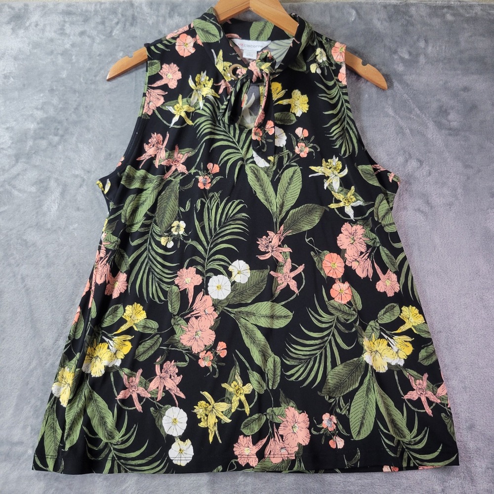 Liz Claiborne Womens Sleeveless Floral Tie Neck Black Size L Tropical Resortwear